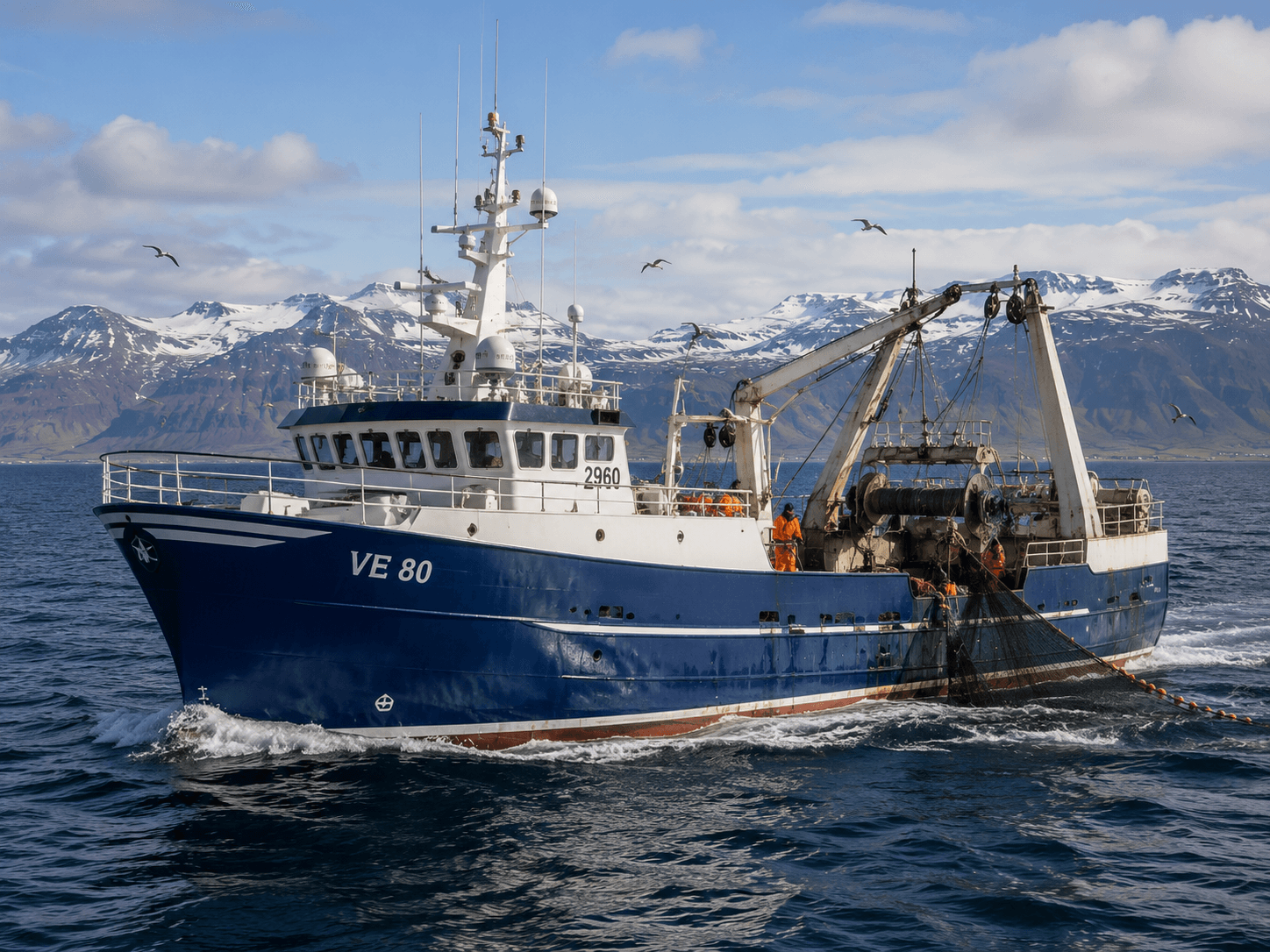 Commercial fishing vessel operating at sea